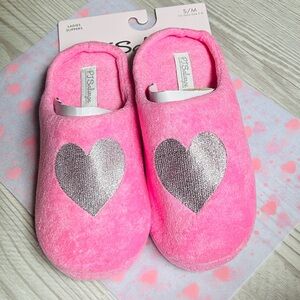 🩶 Pink Terrycloth Silver Heart Slippers PJ Salvage S/M/L NWT